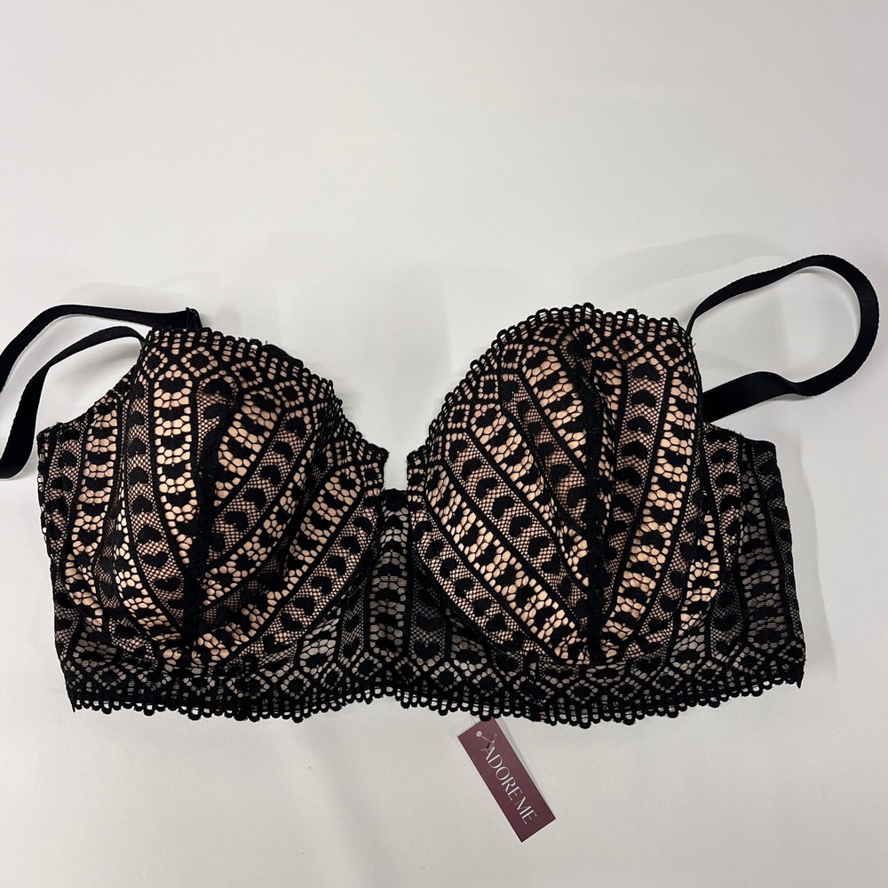 NWT Adore Me 40С Bra Black Heart Print Lace Longline Underwire Back Closure